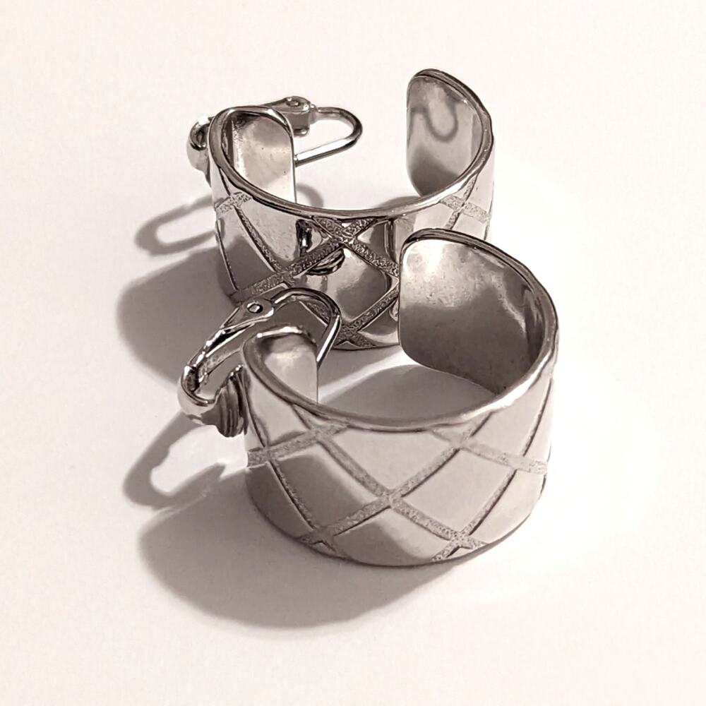 Vintage Silver Tone Cross Hatch Etched Half Hoop Trendy Glam Clip On Earrings